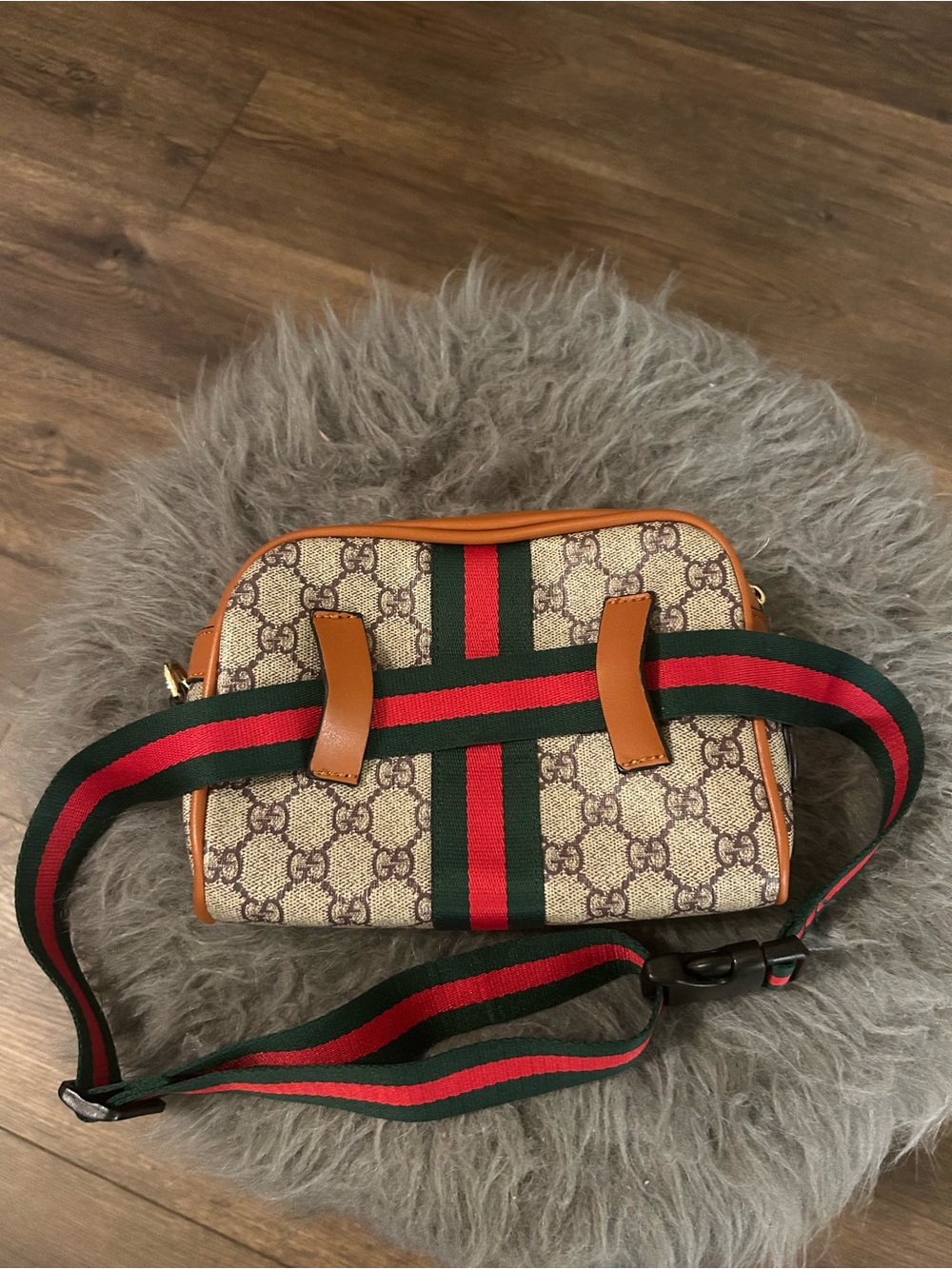 Canvas Web Stripe Crossbody Bag in Beige/Tan with Red & Green - Picture 2 of 3